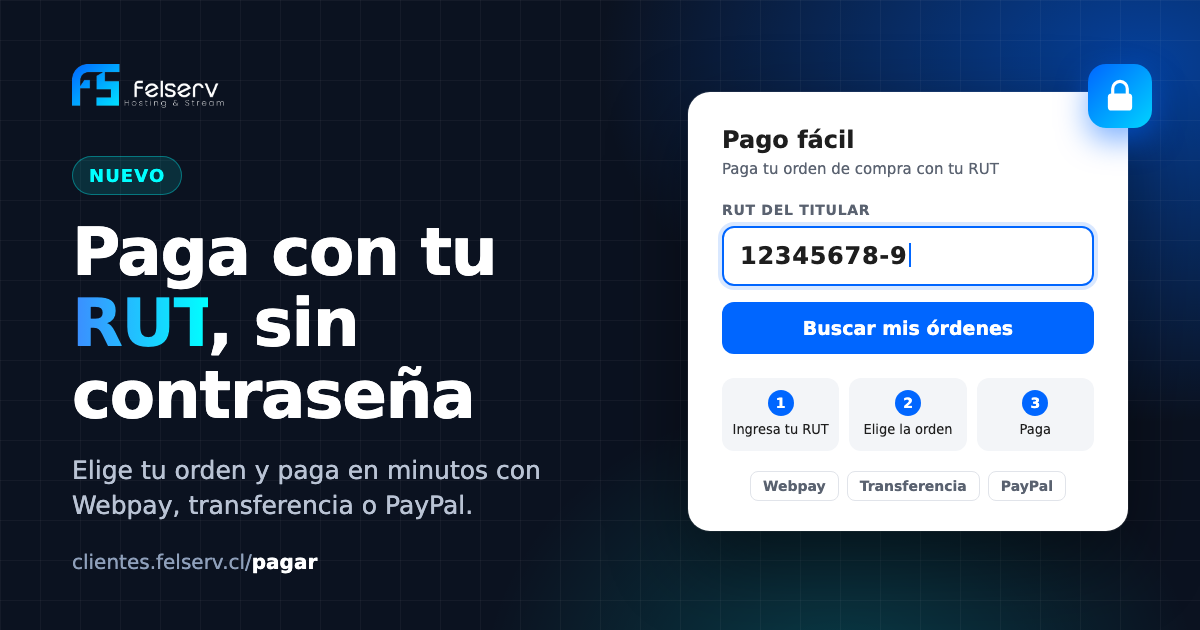 Pago fácil de FelServ: ingresa tu RUT, elige la orden y paga con Webpay, transferencia o PayPal