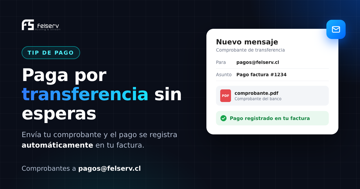 Paga por transferencia y envía tu comprobante a pagos@felserv.cl