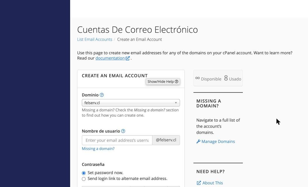 Formulario para crear una cuenta de correo en cPanel con el selector de dominio