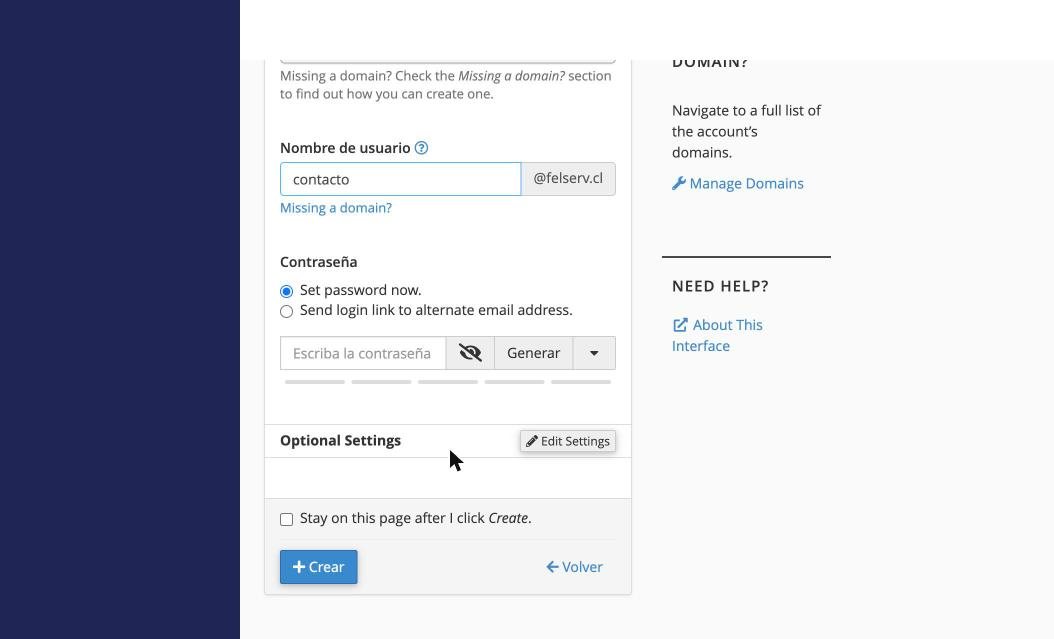 Nombre de usuario contacto escrito en el formulario de cPanel