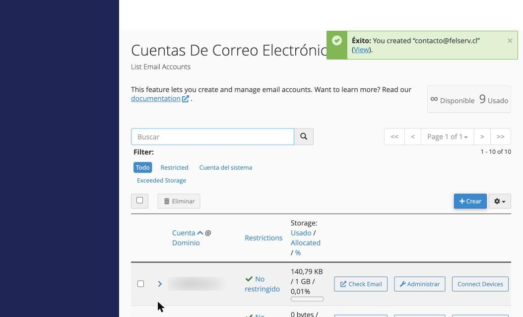 Mensaje de éxito de cPanel tras crear la cuenta contacto