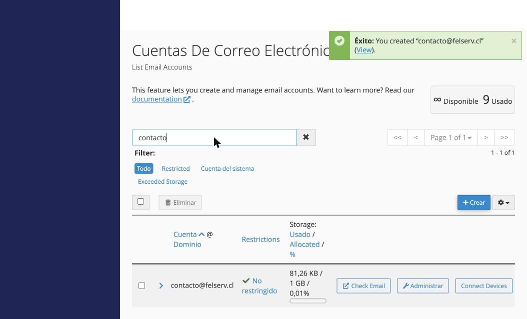 Cuenta nueva en la lista con los botones Check Email y Connect Devices