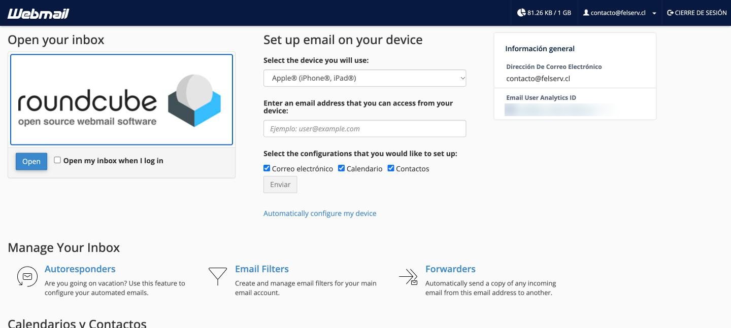 Pantalla de inicio del webmail de cPanel con Roundcube