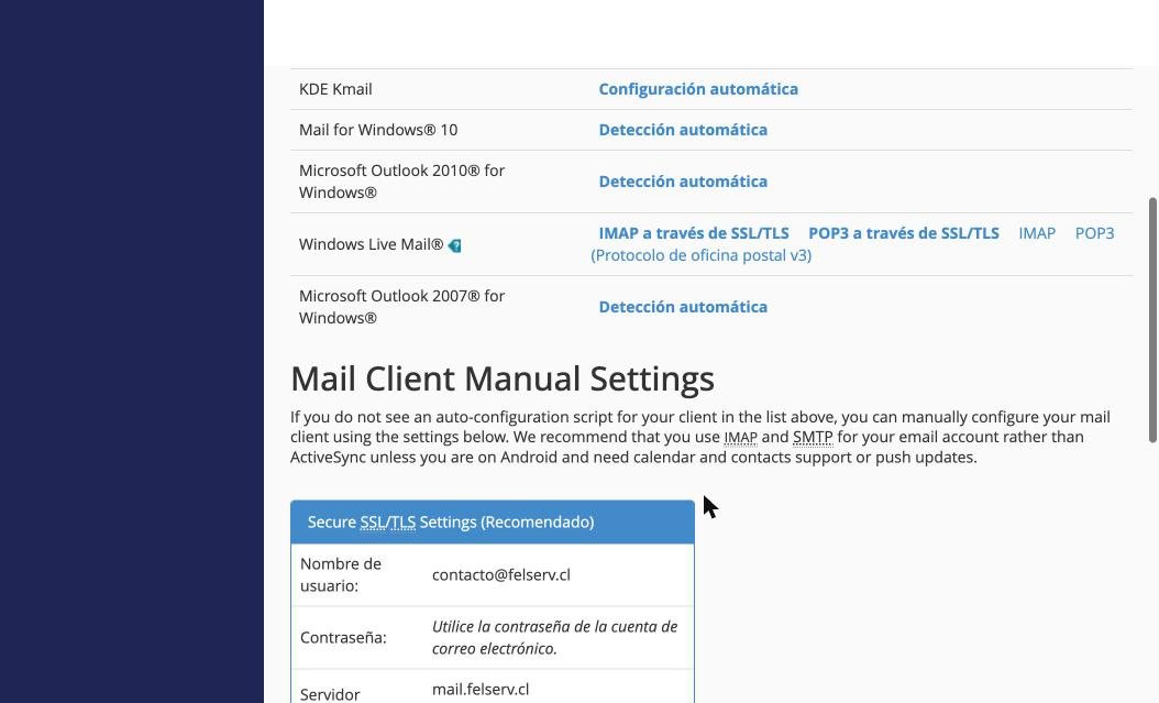Opciones de configuración automática para Outlook, Windows Mail y otros programas